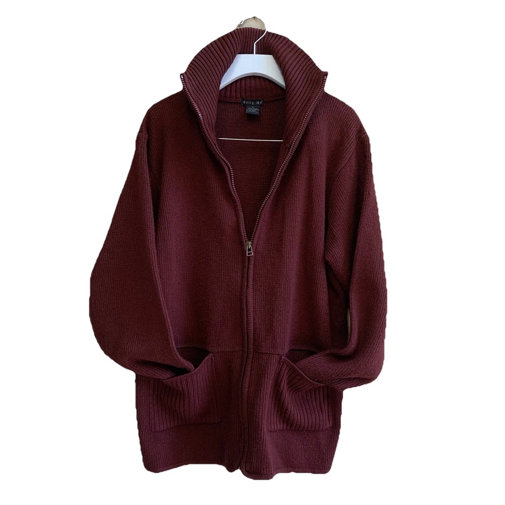 TALLY HO CARIDGAN SWEATER dark brownish red 100% Acrylic SZ M- Full ZIP